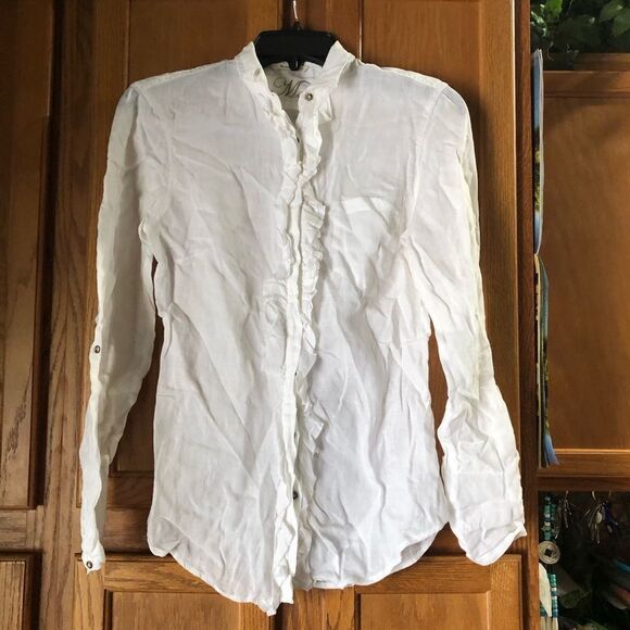 Massimo Dutti Ruffle Linen Hidden Front Button Up Blouse Size 36 - Picture 6 of 13